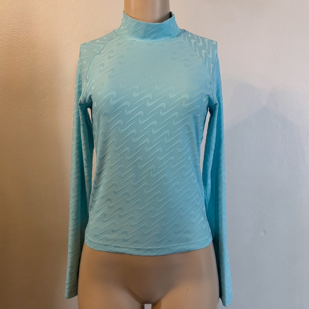Nike Sportswear Icon Clash Mock Neck Swoosh Print Long Sleeve Copa Blue Sz XS
